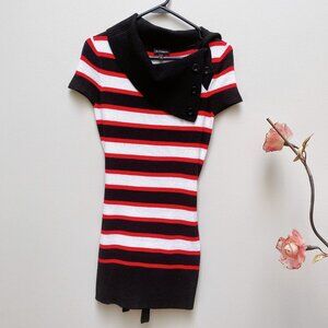 Le Chateau Red Black White Striped roll button neck Knitted Belted Mini Dress